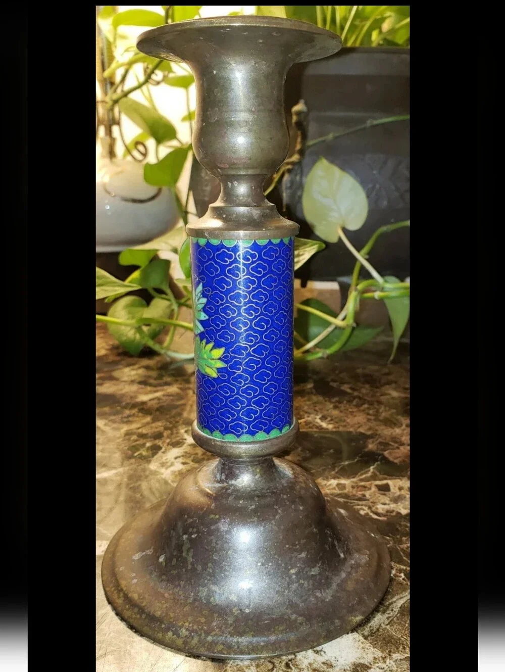 Vintage Cloisonne Enamel & Brass Ornate Candle Stick Holder